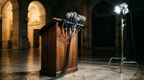 The lectern with microphones