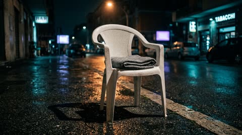 The white chair with the grey blanket