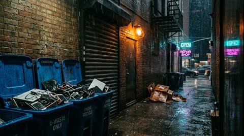 Phone-repair alley with e-waste bins