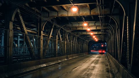 Manhattan Bridge lower roadway, night