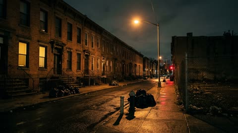 Bushwick stoop block under amber streetlight, night