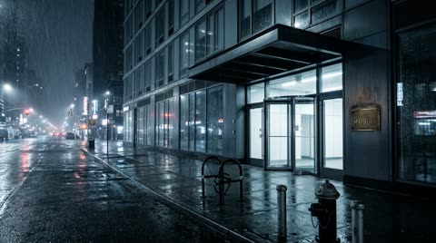The Maybury entrance and 9th Avenue at night, rain