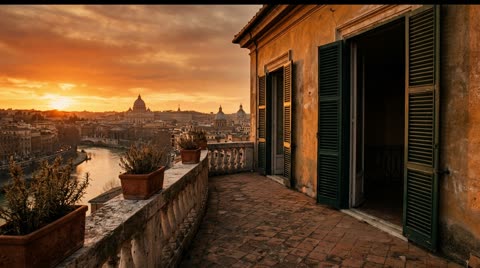 Roman palazzo balcony at sunset
