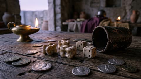 Knucklebones and leather dice cup