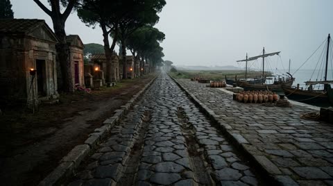 Roman road to Ostia and the port quay, dawn