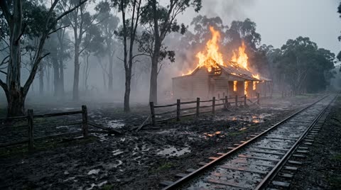 Glenrowan clearing and burning inn, winter dawn