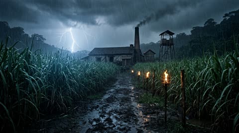 Sugar estate cane field near Córdoba, night rain